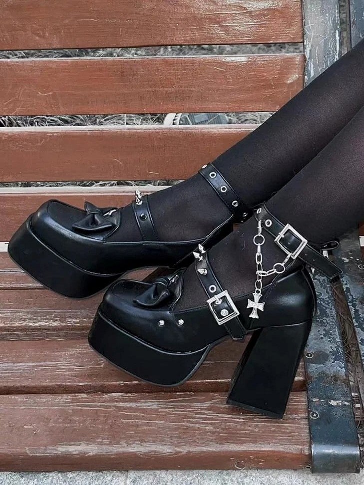 Matte Black Gothic Platform High Block Heels with Removable Ankle Strap, Snap Closure & Bow Accents