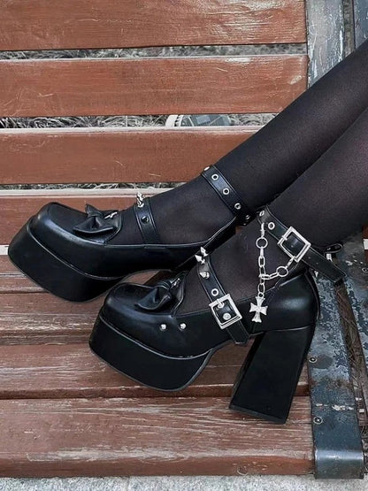 Matte Black Gothic Platform High Block Heels with Removable Ankle Strap, Snap Closure & Bow Accents