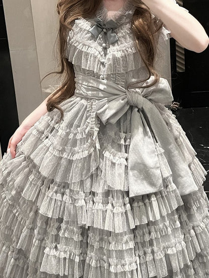 Lolita Grün mit Details Taillen-Gazegürtel Pink/Gelb/Grau/Dunkel