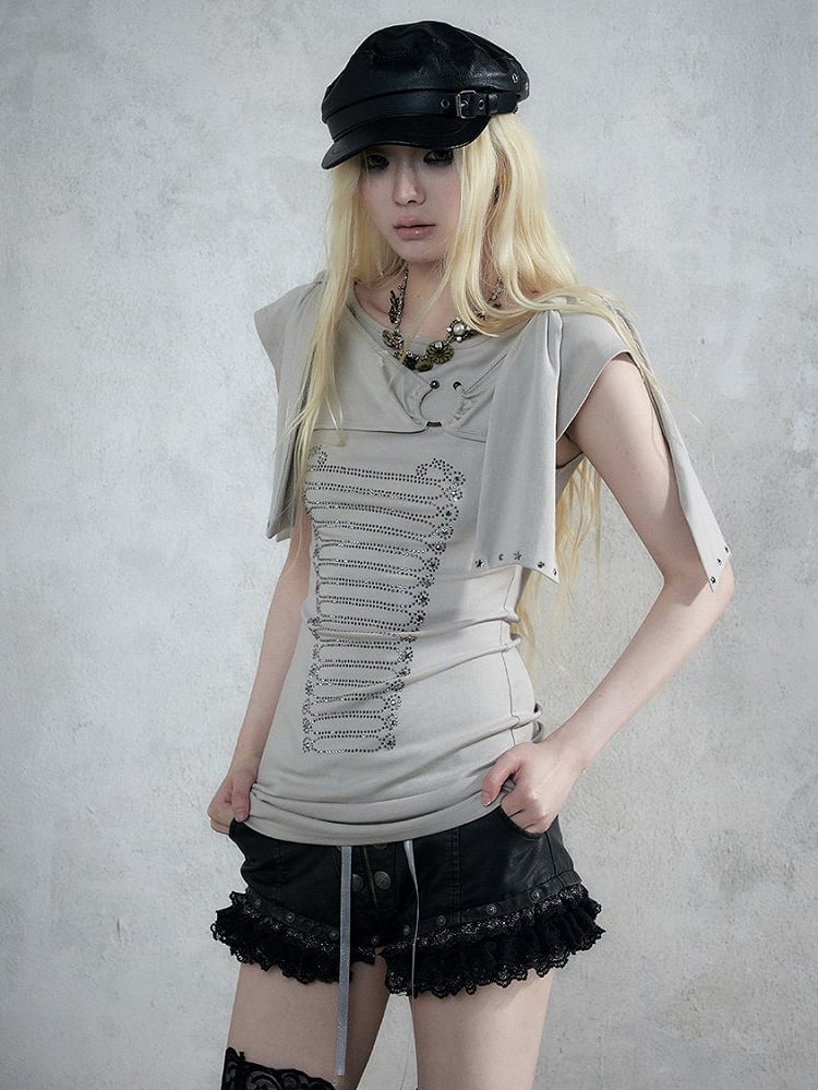 Beige-Grey Knit Short-Sleeve Top with Rhinestone Design - NO ROMANCE