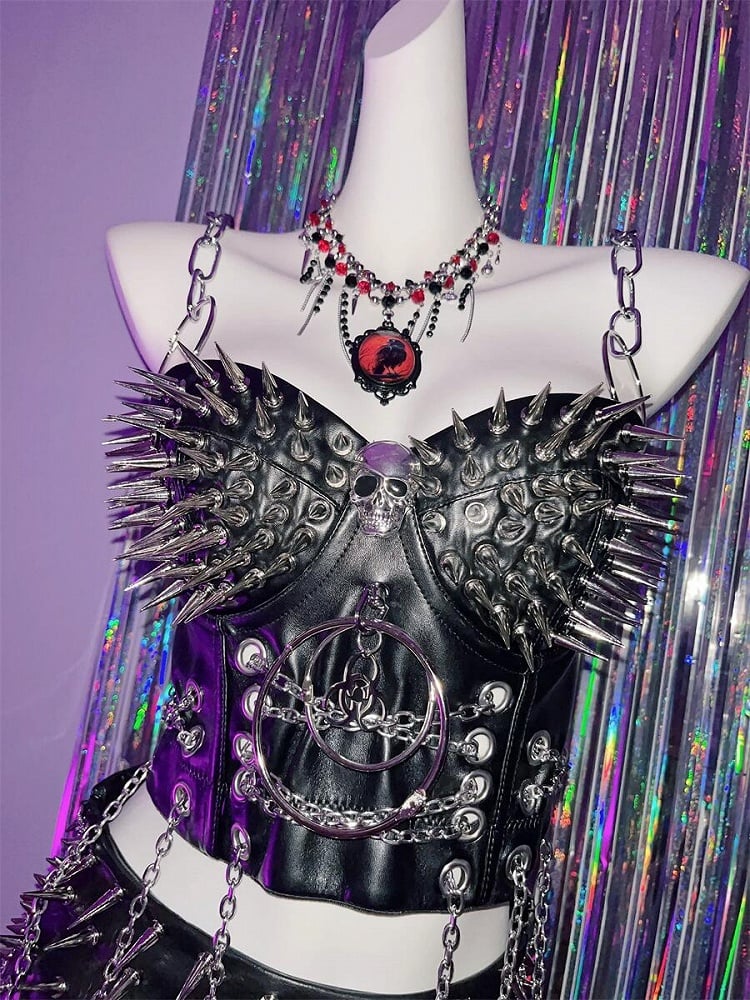 ブラック Y2K スタッドディテール PU パンクトップ