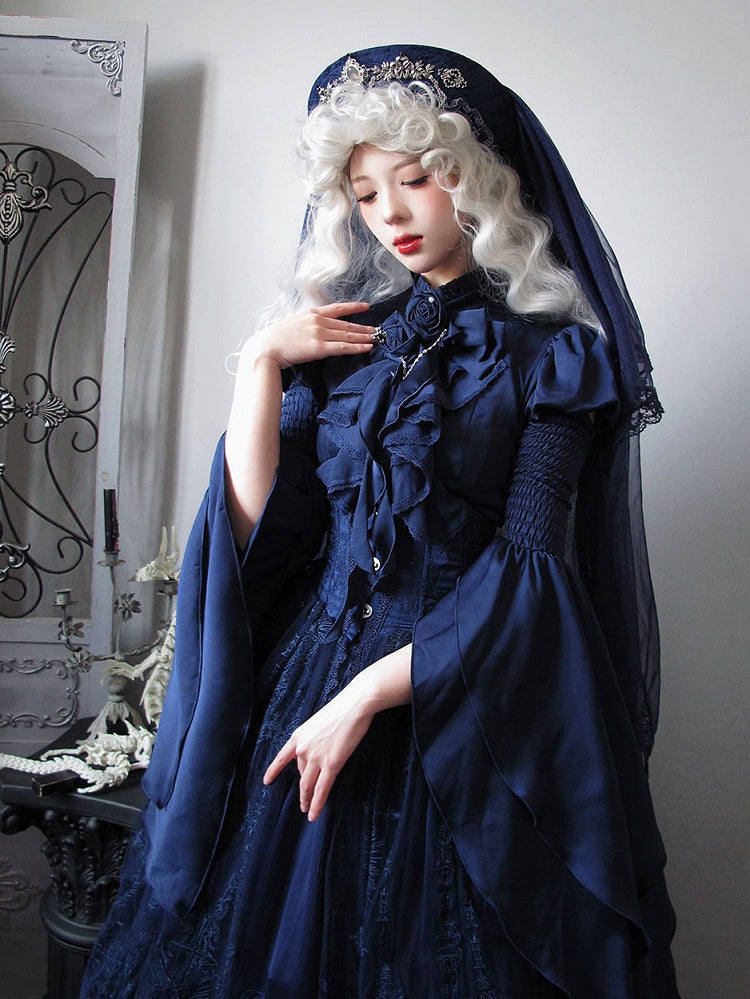 Dark Blue Puff Short Sleeves Gothic Lolita  Blouse