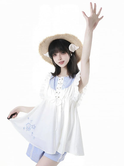Flutter Sleeves Top and Plaid Seashell and Starfish Embroidery White Blue Front Lace-up