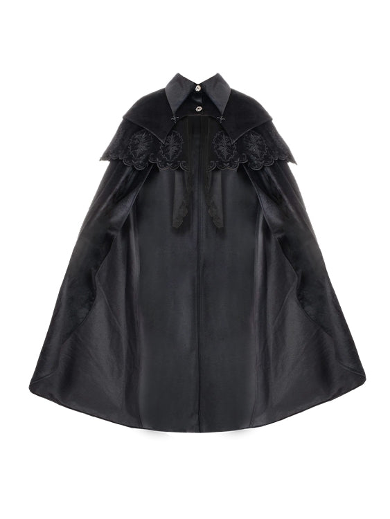 Black Gothic Witch Cloak with Roses & Cross Embroidery - With PUJI