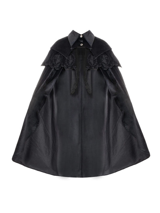 Black Gothic Witch Cloak with Roses & Cross Embroidery - With PUJI