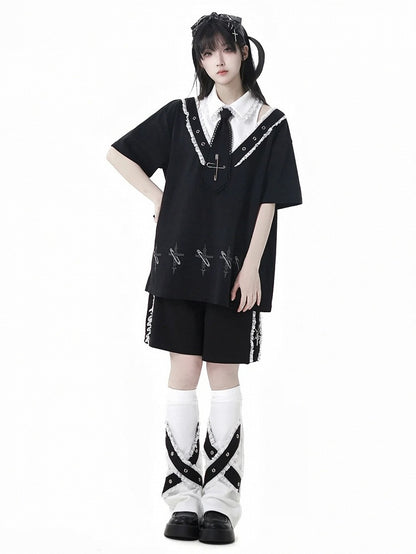 Lace Contrast Shorts Waist Trim Black Elastic Charms Cross