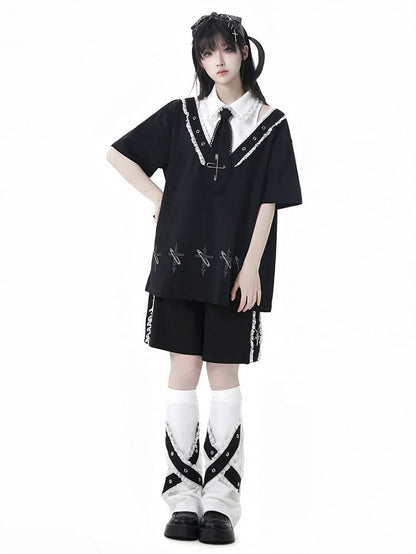 Free Print Cross with Tie Black T-Shirt Pin Shirt Collar