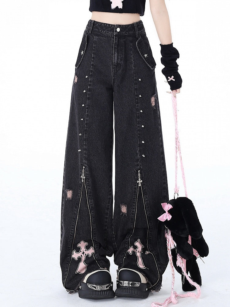Black Punk Zip Jeans with Studs Detail - CRAZY GIRL