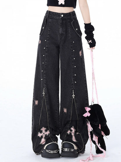 Black Punk Zip Jeans with Studs Detail - CRAZY GIRL