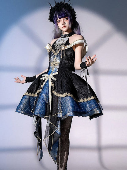 Skirt Gothic Design Cross Off-shoulder and Mock Front Print Jumper Cascading Neck Ruffles