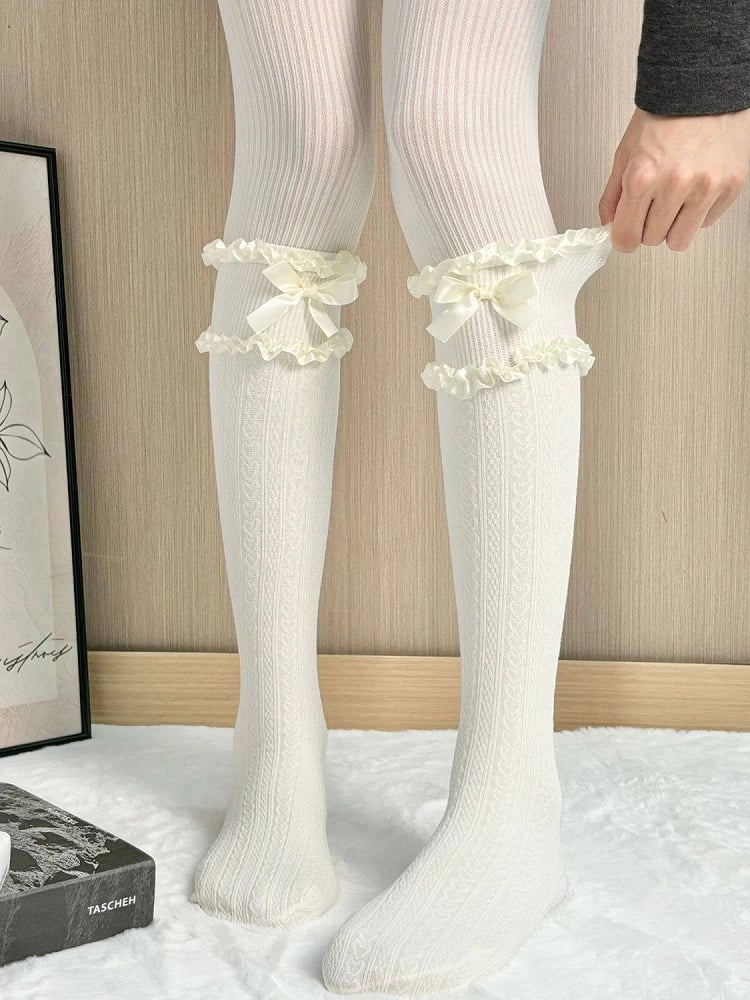Bow Stockings Lolita Colors) Cable-Knit Style Ruffled (5
