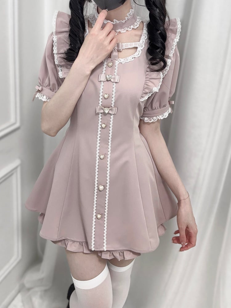 Set Jirai + Pink – Minikleid mit Flatterärmeln und Schleife am Rücken zum Binden + Shorts Kei Dusty Choker