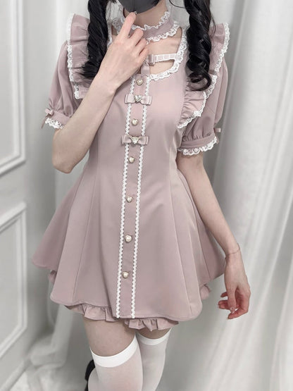 Set Jirai + Pink – Minikleid mit Flatterärmeln und Schleife am Rücken zum Binden + Shorts Kei Dusty Choker