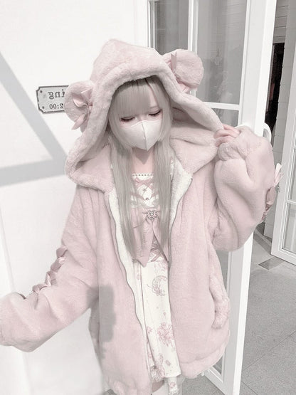 Light Plush with Pink Kei Jirai Bow Hooded Bear Jacket Ear Warm Decor