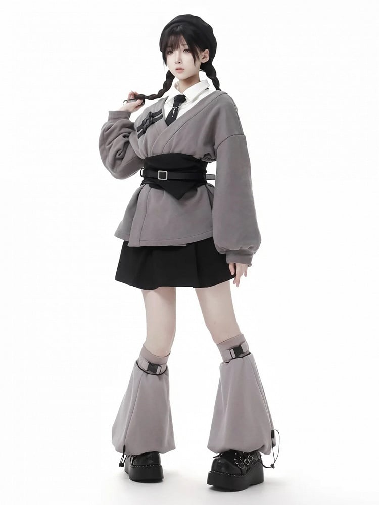 ダークグレーのノッチ付きスウェットシャツ（コルセット付き）