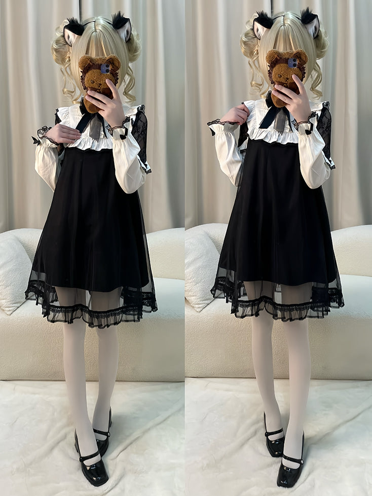 ジライケイ ブラック レースパッチ ショルダー メッシュオーバーレイ ロングスリーブ ドレス