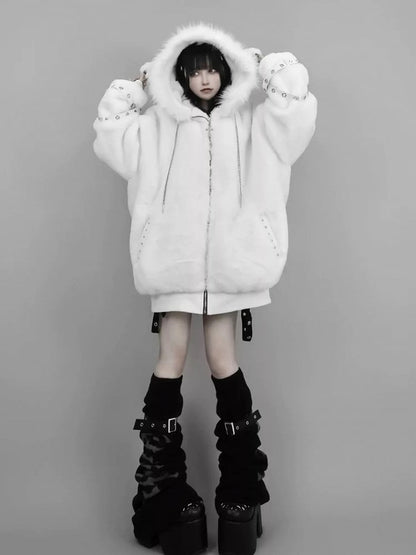 Jirai Kei White / Black Plush Lamb Ear Hooded Coat with Crossed Eyelet Straps and Back Cross Applique