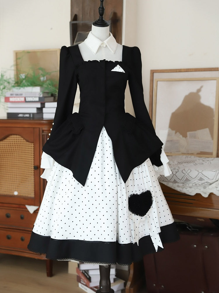 Retro Black Blazer & Polka Dot Skirt Ensemble with Bow Accents and Detachable Collar - Charing Cross