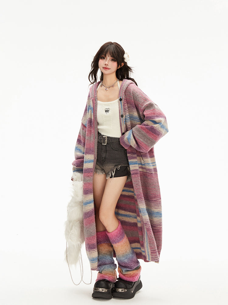 Button Placket Purple Hood Gradient Striped with Pink Knit Cardigan
