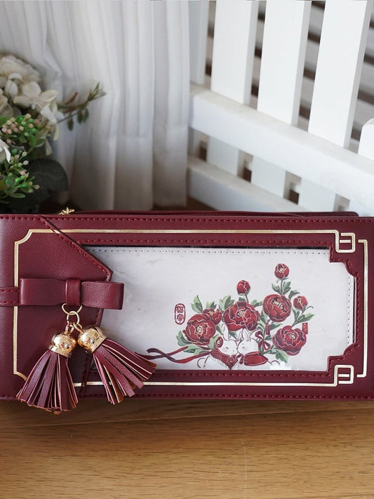 赤いフリンジと花柄ワインPU柄バッグスタイルアクセントのリボンチャイナドレスイタ