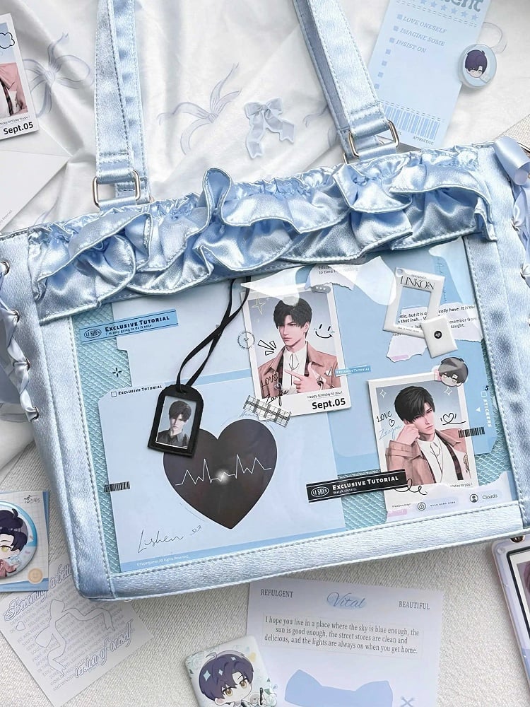 Bag Blue Card Ita Holder Ruffle Straps Satin With Trims Bow Self-tie