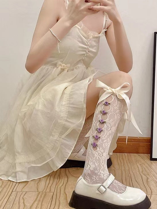 Socks Apricot/Purple Decorations Lolita Rose Bow Cutout White with Calf 3D Lace Side Ribbon Creamy