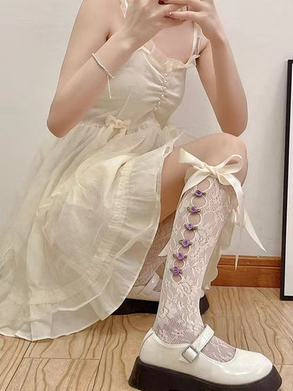 Socks Apricot/Purple Decorations Lolita Rose Bow Cutout White with Calf 3D Lace Side Ribbon Creamy