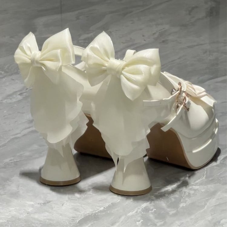 with Platform Heels Accents Bow Sweet Lolita Round-Toe High White