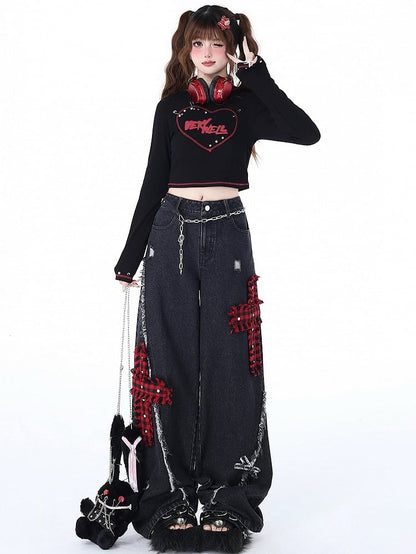 ワイドレッグパンククロスディストレストブラックホールチェックジーンズレッド