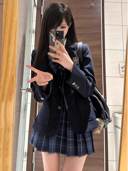 Blazer Button Preppy JK Manschetten verziert blau Stil Abzeichen Uniform dunkles Design