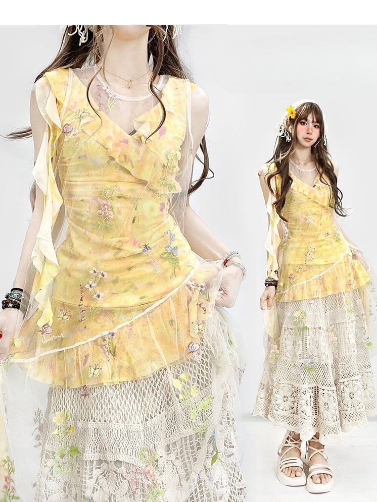 花柄ドレス ホワイト アシンメトリー イエロー ベージュ ホリデーセット - 透け感のある刺繍 + スカート裾