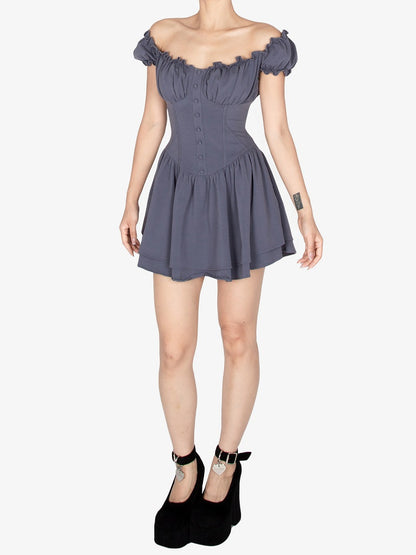 Dusty Blue Ruffled Off-the-shoulder Neckline Short Puff Sleeves Mini Dress