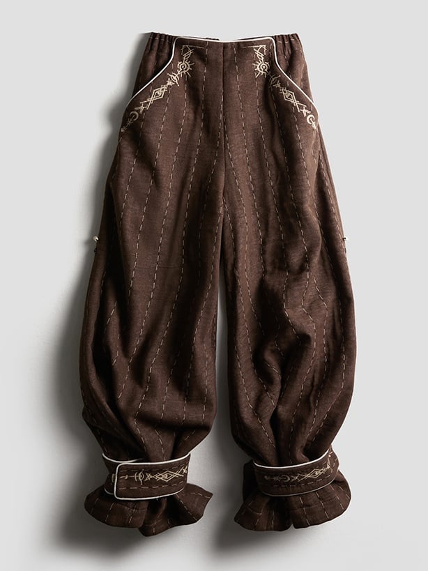 Urban Design Pants Leg-Cuff Dark Wide-Leg with Embroidered Goth Striped Thick Coffee