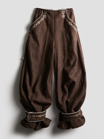 Urban Design Pants Leg-Cuff Dark Wide-Leg with Embroidered Goth Striped Thick Coffee