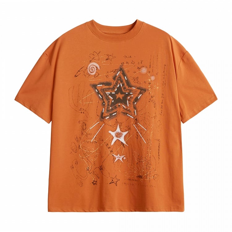Orange Vintage Crew Neck Tee with Star Print - Languid Park