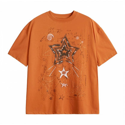 Orange Vintage Crew Neck Tee with Star Print - Languid Park