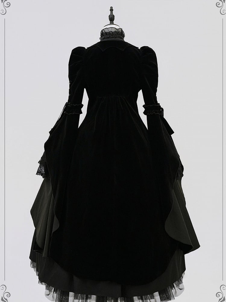 Collar Curved Lolita Sleeves Gothic with and Flounced Coat Black
