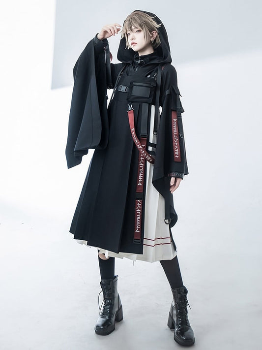 Futuristic and Dress Buckle Details White Black Techwear JSK Pleated