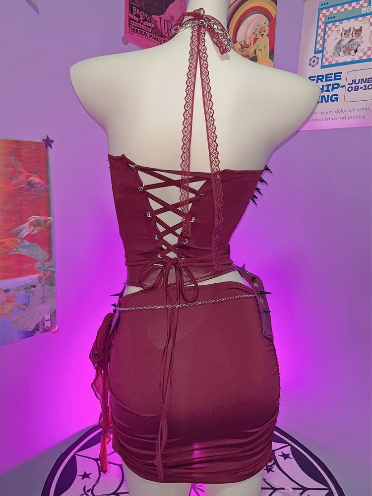 Top + Punk-Nieten-Mini-Set-Rock Rot