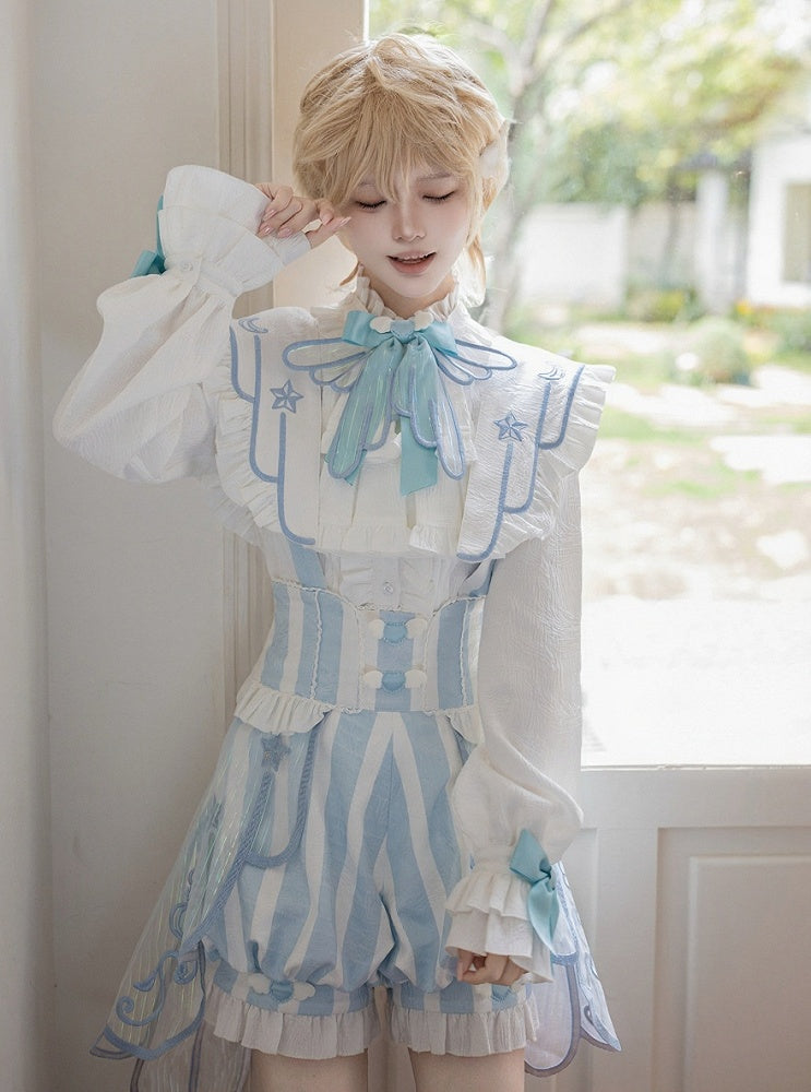 White & Blue Long Sleeves Banded Collar Ouji Style Lolita Shirt with Bow Details - Unknown Star
