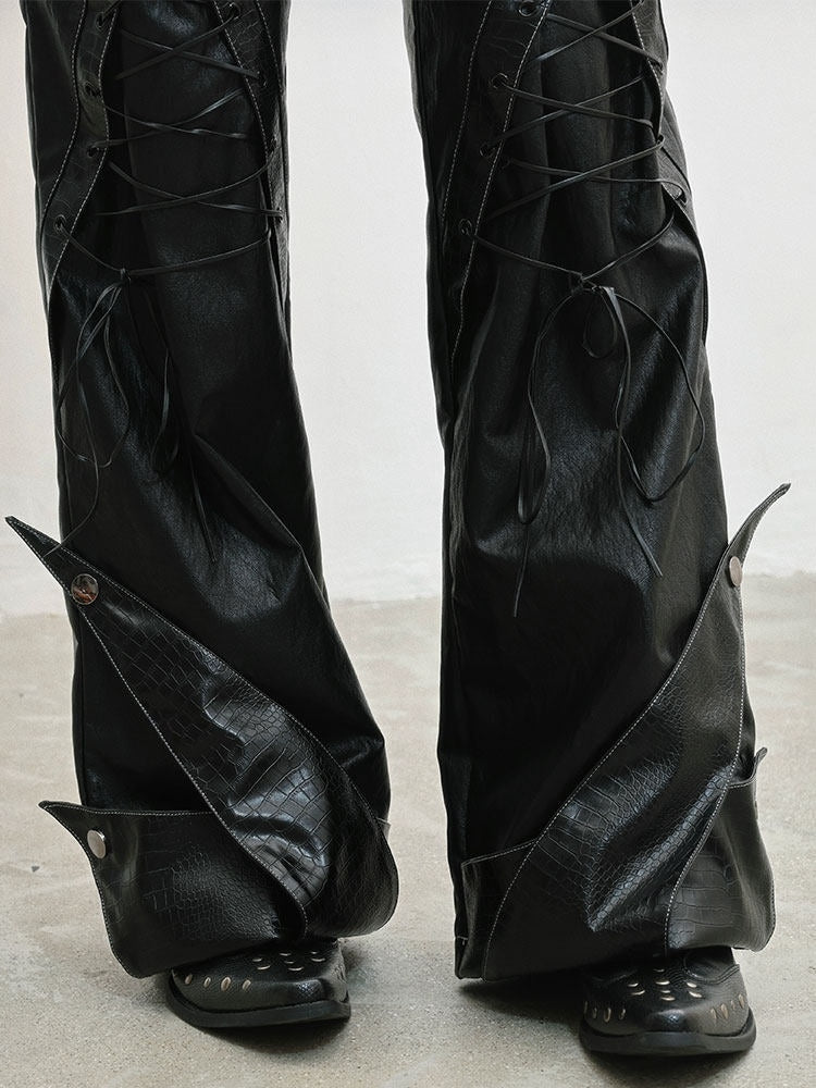 PU Punk Rock Black with Lace-Up Details Pants