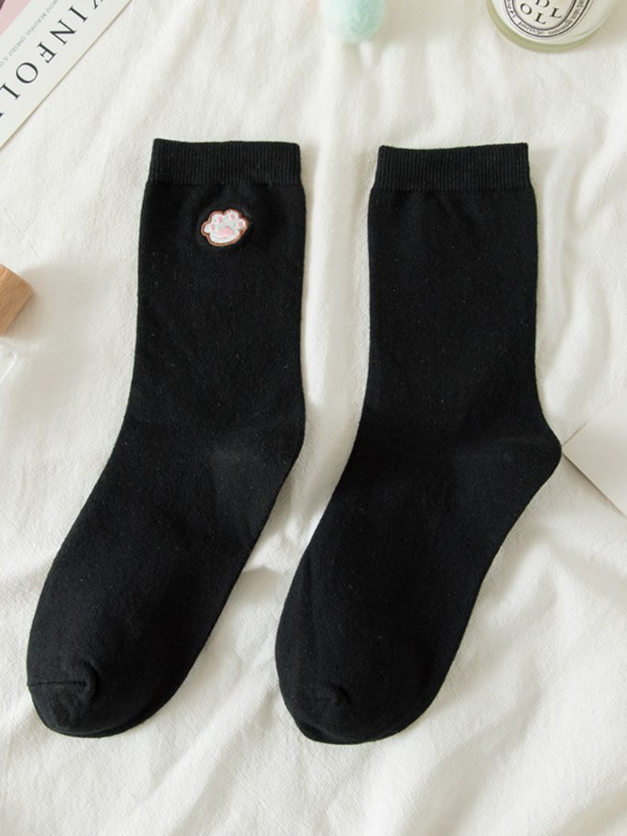 Kitten Cotton Sweet Socks White/Black/Beige Paw Embroidered