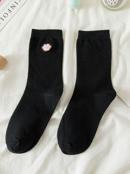 Kitten Cotton Sweet Socks White/Black/Beige Paw Embroidered