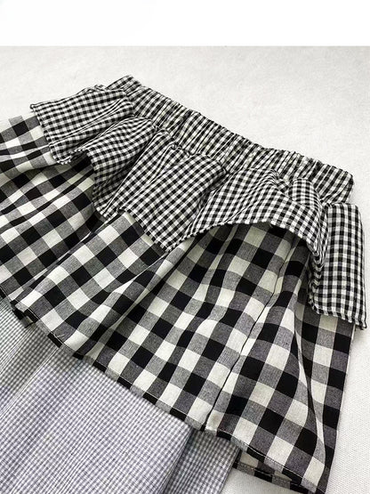 Y2K ブラック＆ホワイト チェック柄 アンクル丈 ティアードスカート