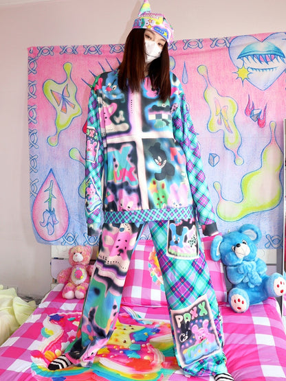 Hosen und Schlaghose Buchstaben Cartoon Muster Silhouette Y2K bunt kariert Print