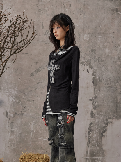 With Two-Piece Knit Detail Leopard Faux Punk Zipper Patch Black Top Cross