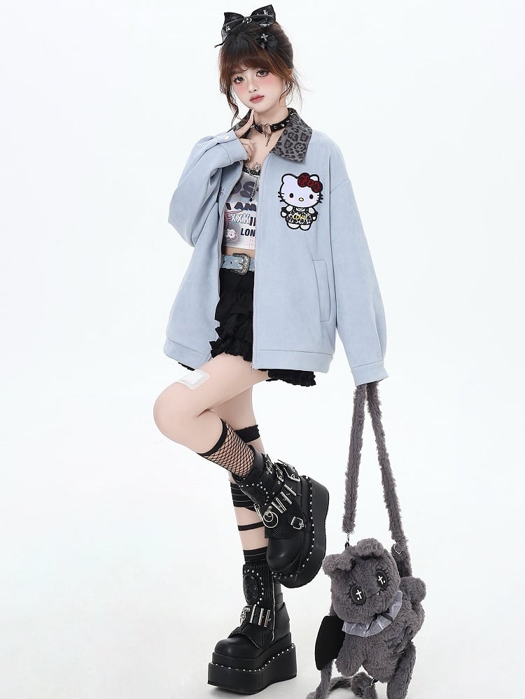 Blue Kitty Leopard Collar Baseball Jacket