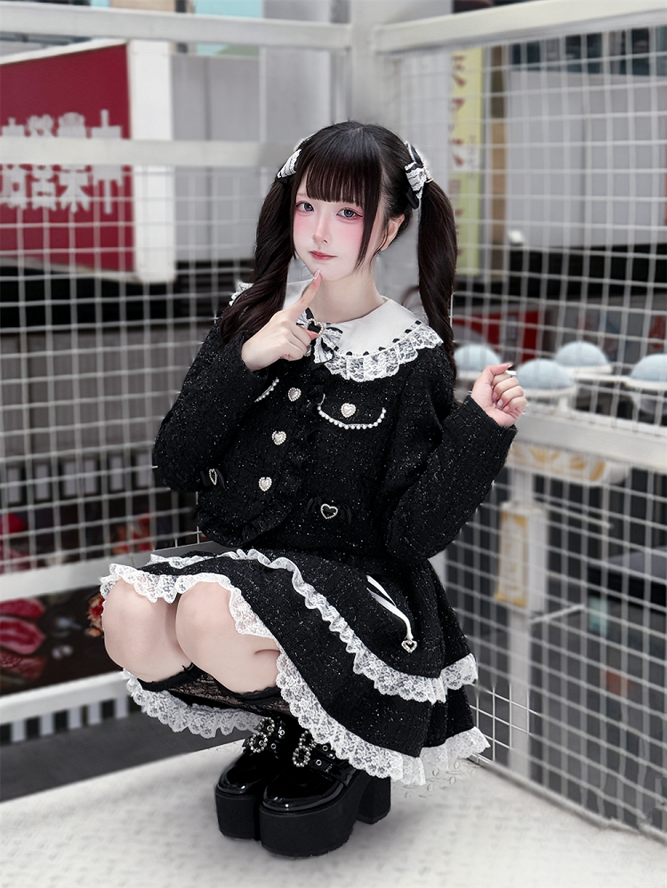 White Kei Skirt Lace-Up Black with Tweed Jirai Trim Lace Detail Tiered