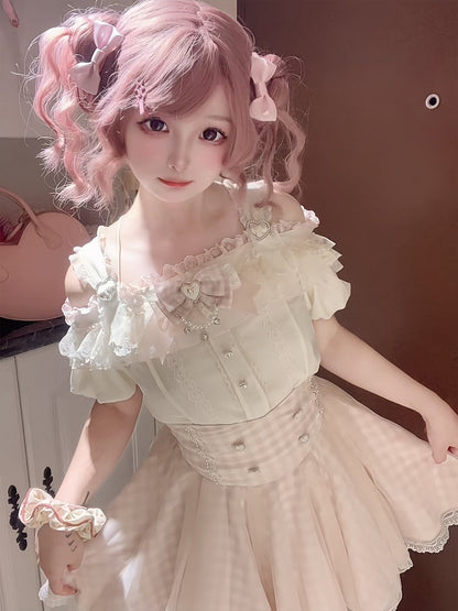 Top with Off-the-shoulder Jirai Kei Apricot Neckline and Pink Lace Trim