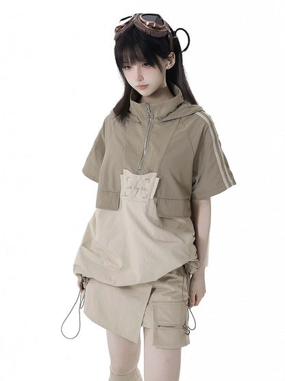 Khaki Colorblock Lightning Embroidery Drawstring Techwear Hooded T-shirt Hem
